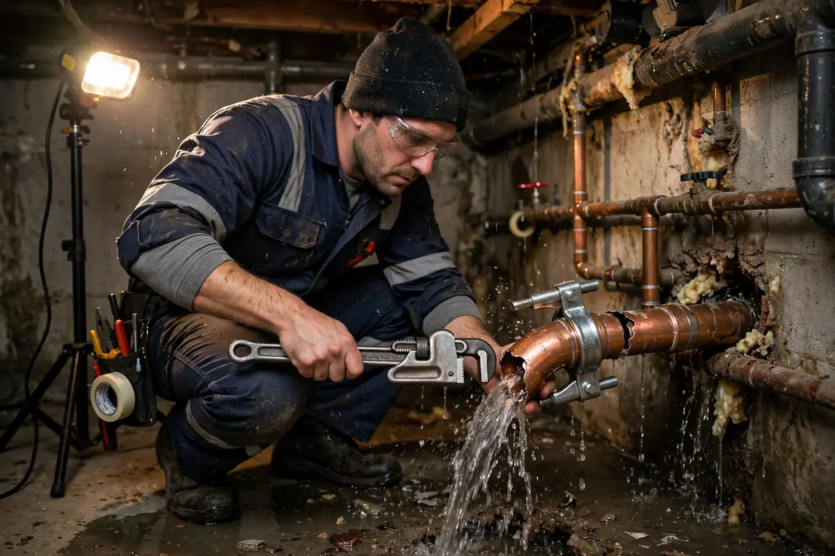 Plumber repairing a burst pipe with a repair clamp
