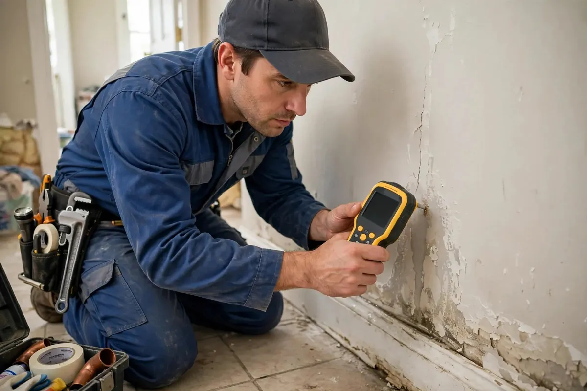 Plumber checking a wall for a leak with a moisture meter