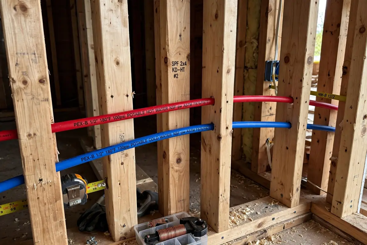 Red and blue PEX pipes being installed through wall studs