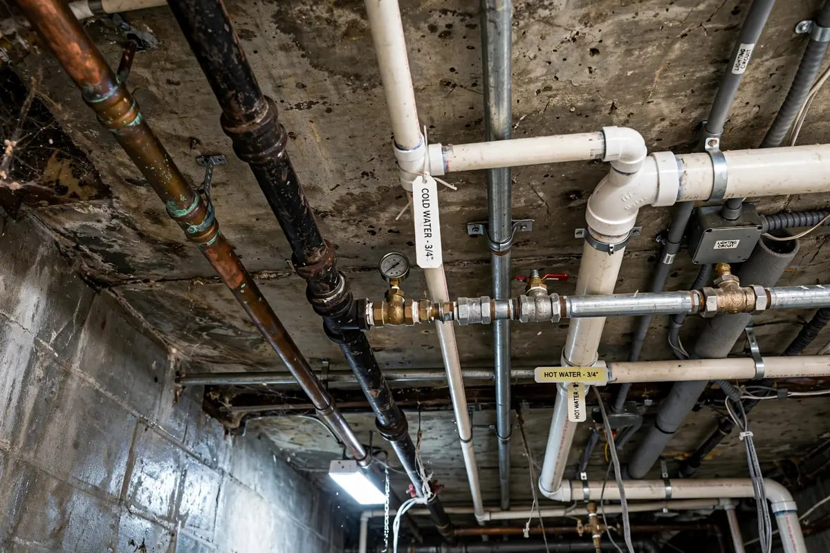 Water pipes running along a basement ceiling