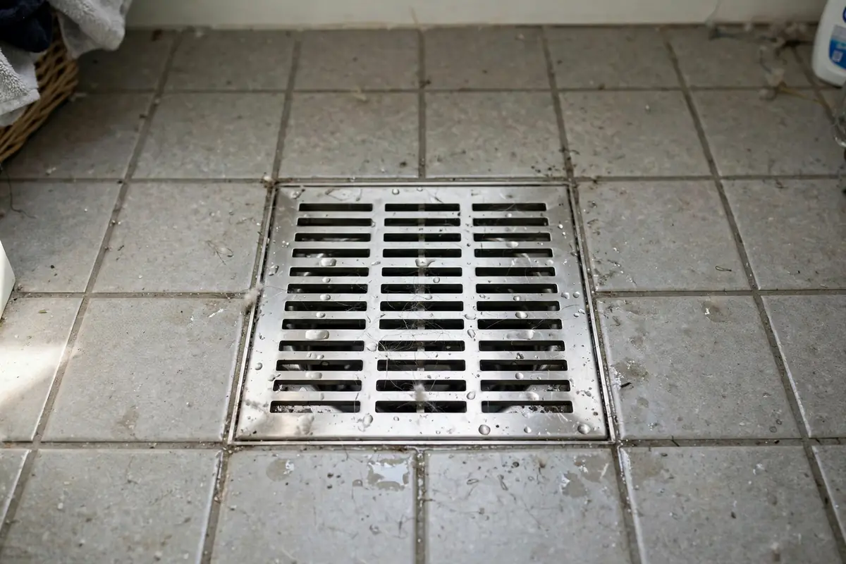 Metal floor drain grate in a laundry room