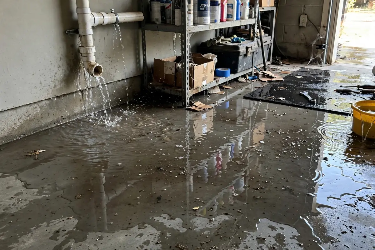 Garage floor covered in water from a leak