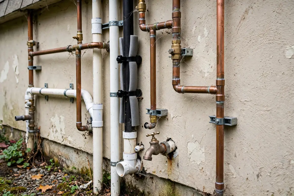 Exposed plumbing pipes on the exterior of a house