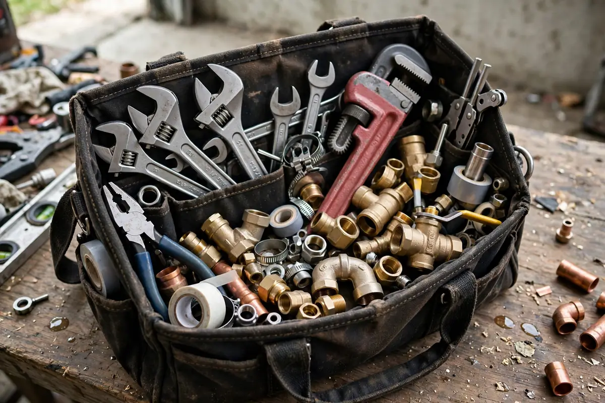 Open plumber tool bag with wrenches and fittings