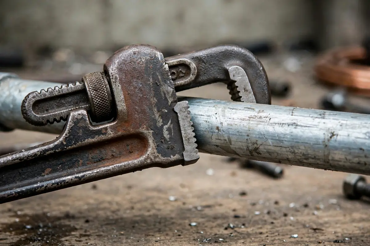Pipe wrench gripping a steel pipe