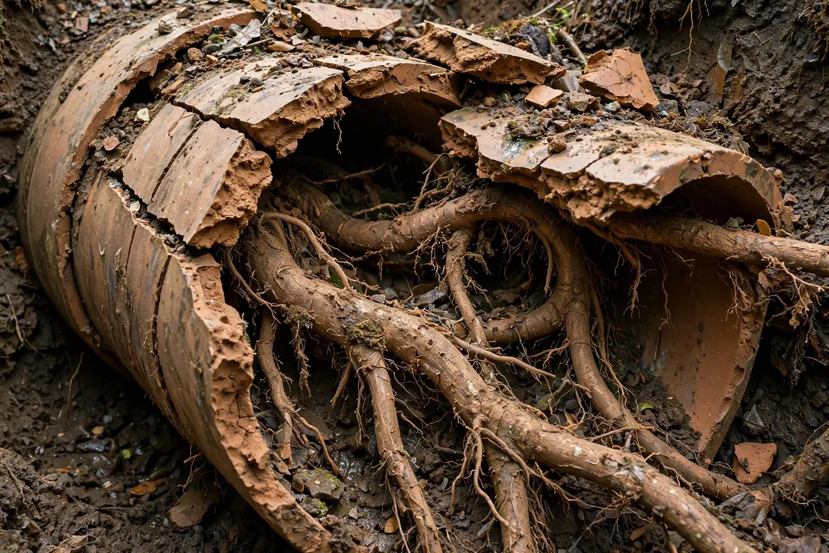 Tree roots growing inside a broken clay sewer pipe