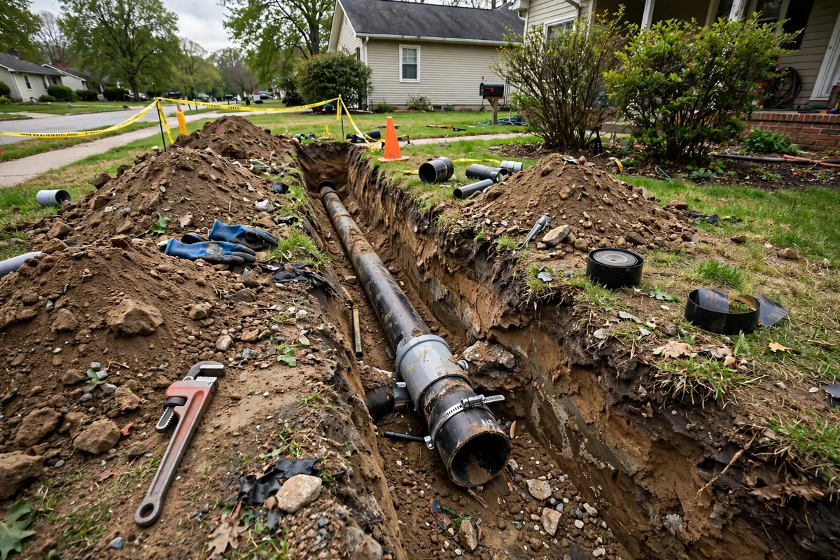 Excavated front yard trench exposing a sewer line under repair