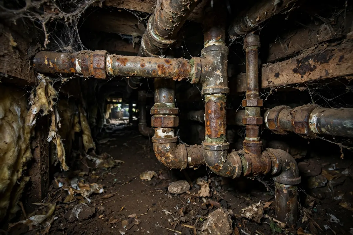 Aging corroded pipes in a crawl space