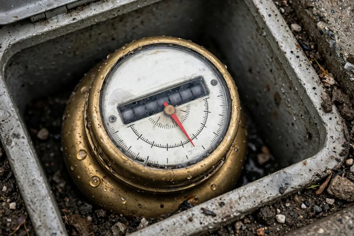 Water meter dial inside an open curb meter box